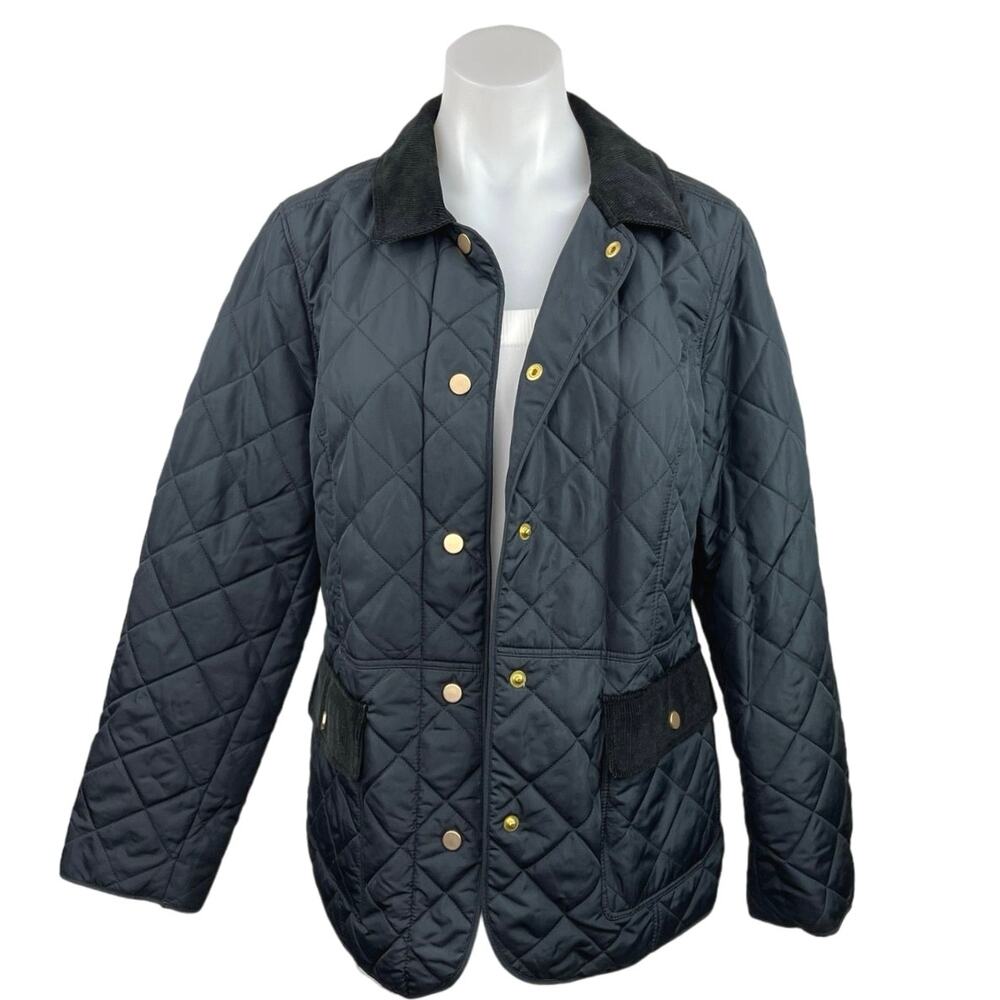 Charter Club Navy Corduroy Trim Snap Buttons Quilted Puffer Coat Jacket Sz M